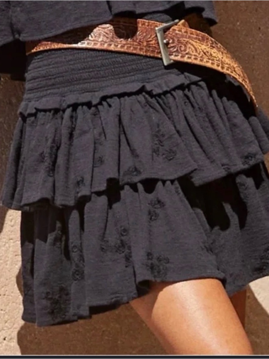 Nwt Unsubscribed Black Tiered Mini Skirt With Embroidered Detail